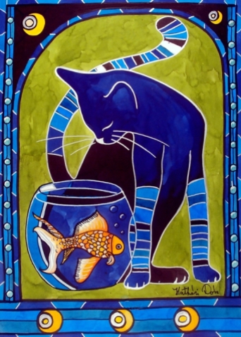 Cat Art titled Blue Cat with Goldfish by Dora Harthazi Mendes.