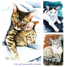 Watercolor cat paintings by Cats of Karavella Atelier. Artist Dora Hathazi Mendes.