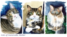 Watercolor cat paintings by Cats of Karavella Atelier.