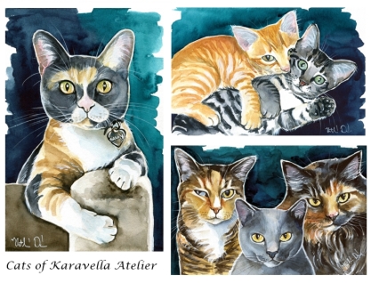 Watercolor cat paintings by Dora Hathazi Mendes Cats of Karavella Atelier