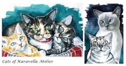 Watercolour cat paintings by Dora Hathazi Mendes, Cats of Karavella Atelier
