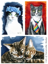 Watercolour Cat paintings by Dora Hathazi Mendes. Cats of Karavella Atelier.