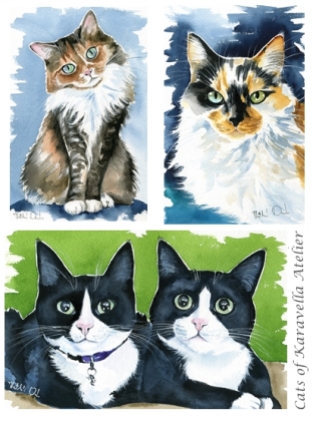 Watercolor cat paintings by artist Dora Hathazi Mendes