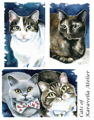 Lindy, Madison, Charlie and Teddy Cat Paintings by Dora Hathazi Mendes