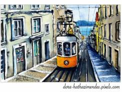 Elevador da Bica in Lisbon Portugal watercolor painting by Dora Hathazi Mendes