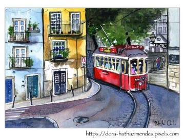 Lisbon, Portugal watercolor painting by Dora Hathazi Mendes