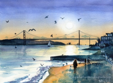 Lisbon 25 Abril Bridge at Dusk watercolor painting by Dora Hathazi Mendes