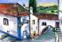 Little Wonders of Portugal, Obidos. watercolor painting by Dora Hathazi Mendes.