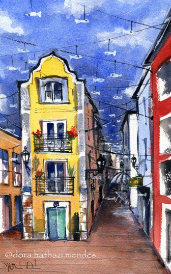 Old Street In Setubal Watercolor painting by Dora Hathazi Mendes