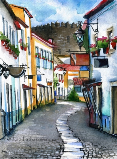 Obidos Portugal watercolor painting by Dora Hathazi Mendes