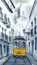 Lisbon 28 Yellow Tram in Alfama watercolor painting by Dora Hathazi Mendes - Paintings from Portugal