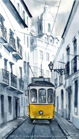 Lisbon 28 Yellow Tram in Alfama watercolor painting by Dora Hathazi Mendes - Paintings from Portugal