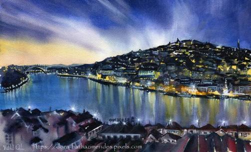 Night Lights of Porto Portugal Watercolor painting by Dora Hathazi Mendes, Paintings from Portugal