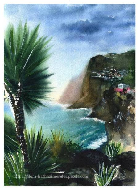 Madeira Sea View watercolor painting by Dora Hathazi Mendes