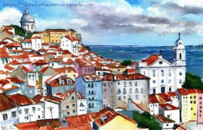 Red Rooftops of Lisbon Alfama Portugal painting by Dora Hathazi Mendes