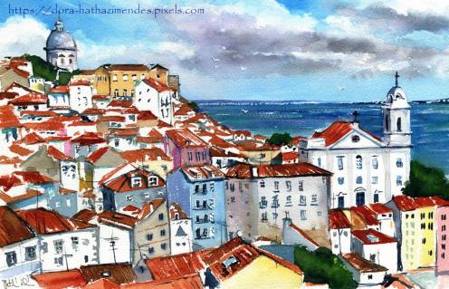 Red Rooftops of Lisbon Alfama Portugal painting by Dora Hathazi Mendes