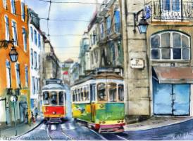 Lisbon Trams at Rua da Madalena painting by Dora Hathazi Mendes