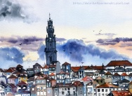 Torre Dos Clerigos over Porto watercolor painting by Dora Hathazi Mendes