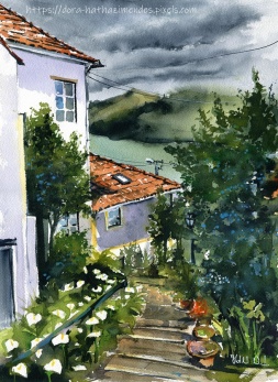 Village Along The river Zezere Portugal painting by Dora Hathazi Mendes