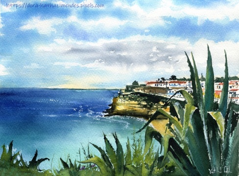 Carvoeiro in Algarve Portugal watercolor painting by Dora Hathazi Mendes