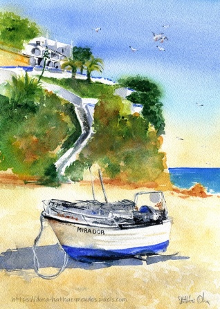 Boat on Shore at Carvoeiro Portugal painting by Dora Hathazi Mendes