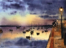 Night Reflections at the port Portugal painting by Dora Hathazi Mendes