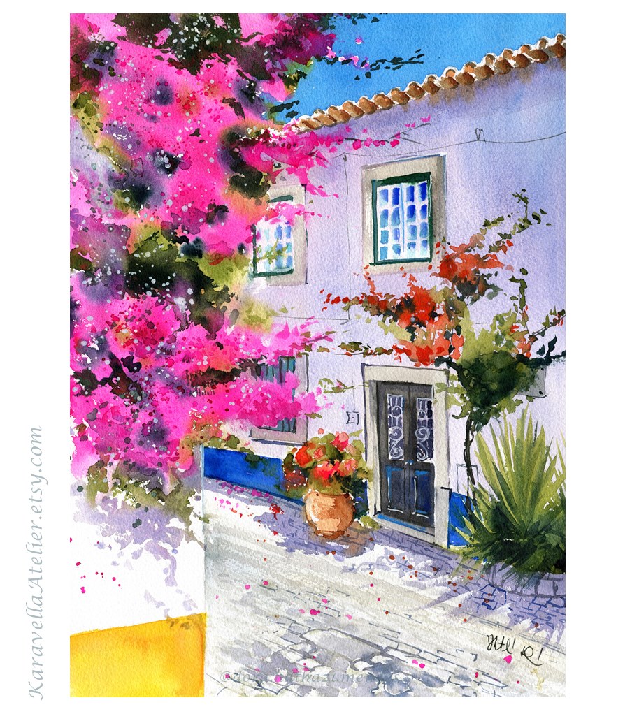 Bougainvilleas of Obidos Portugal watercolors by Dora Hathazi Mendes 
