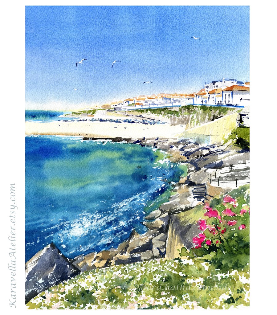 Ericeira Ociean View Portugal Painting by Dora Hathazi Mendes Karavella Atelier