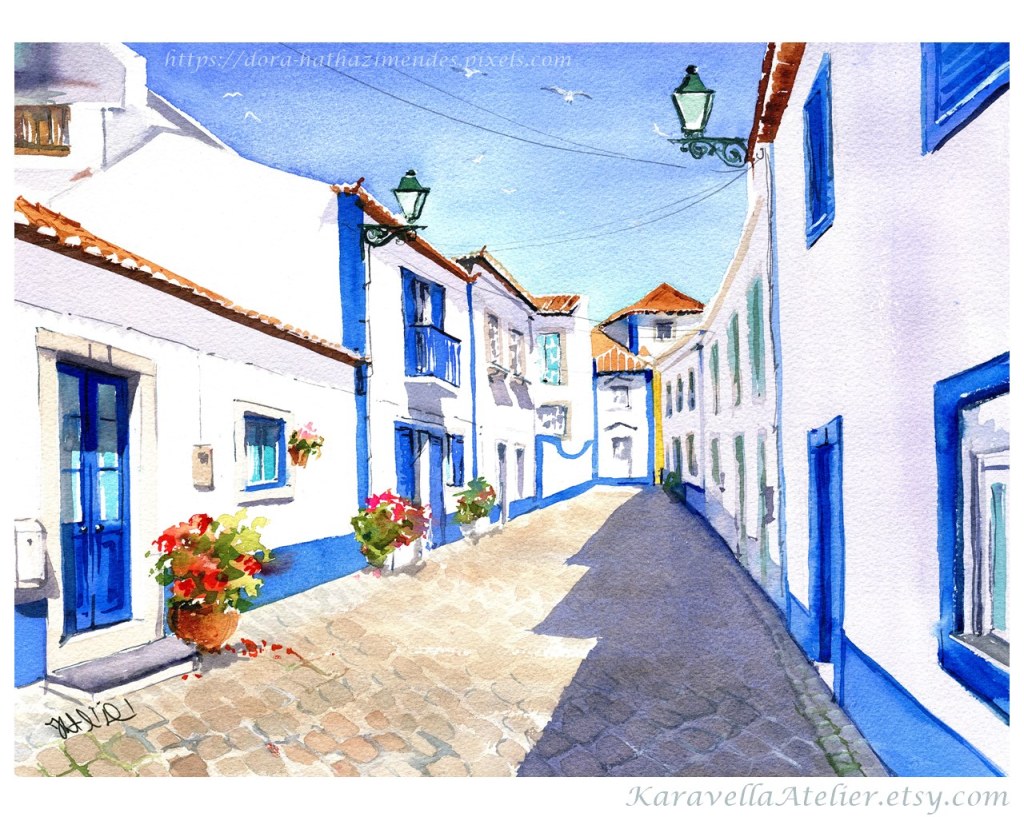 Ericeira Old Town Street Portugal Paintings by artist Dora Hathazi Mendes