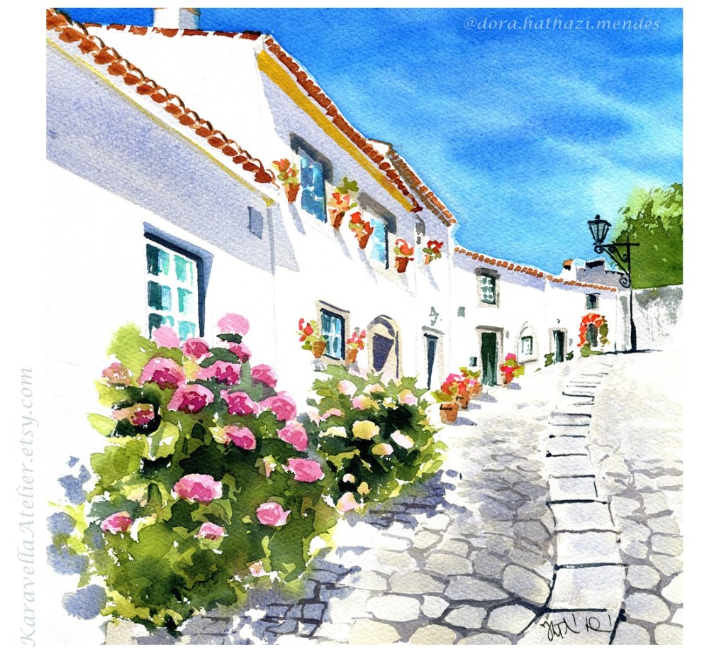 Street with Hydrangeas in Marvao Portugal Paintings by Dora Hathazi Mendes