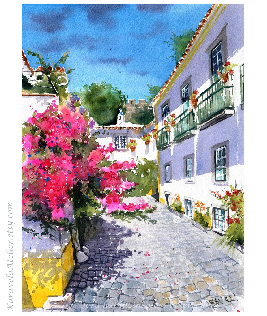 Obidos Village in Portugal watercolor painting by Dora Hathazi Mendes.