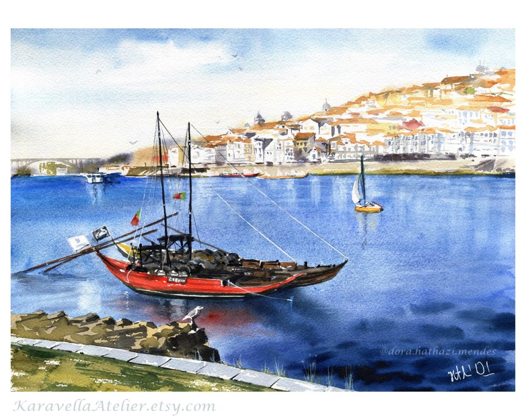 Rabelo Boats with Porto View Portugal Paintings by Dora Hathazi Mendes