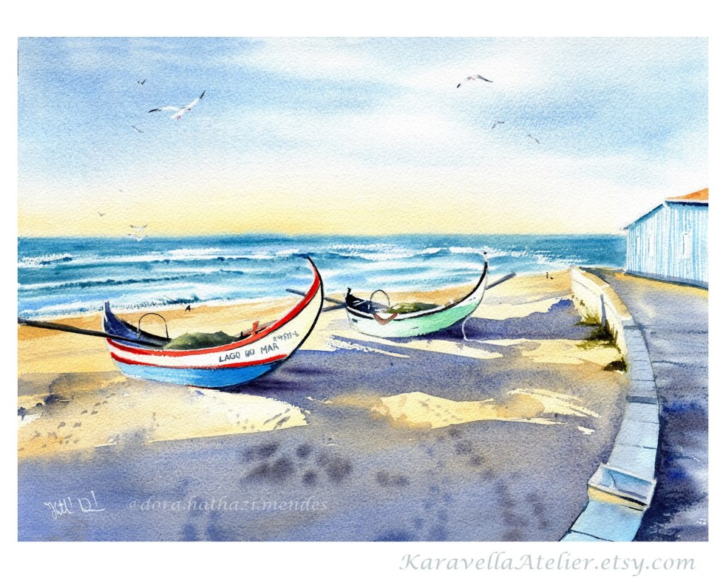 Fishing Boats at Mira Beach in Portugal Paintings by Dora Hathazi Mendes