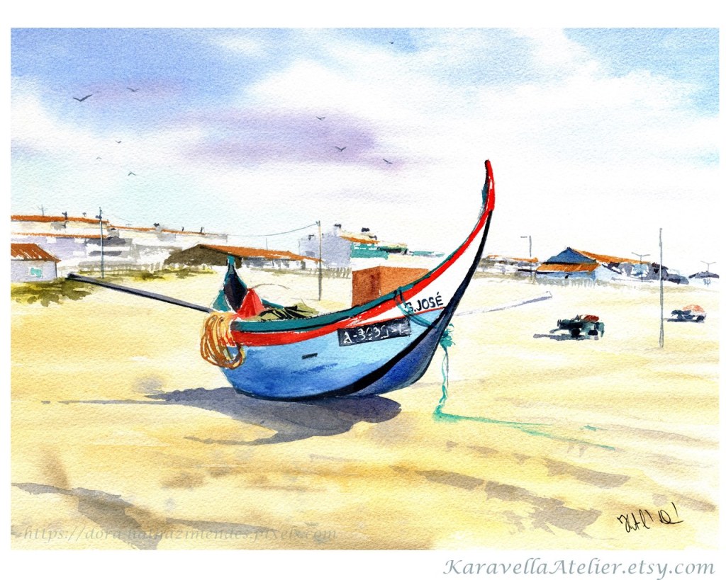 Fishing boat at Praia de Mira Portugal Painting by Dora Hathazi Mendes
