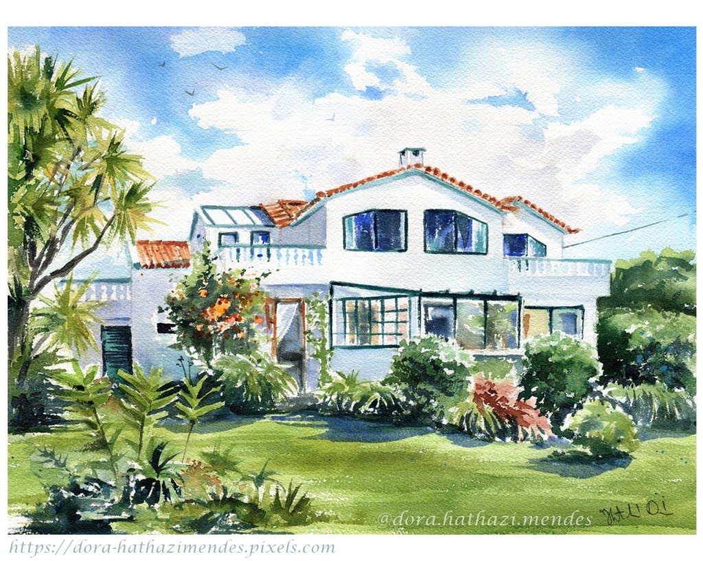 Casa Relvinha in Sao Miguel Azores Portugal. Family house painting by Dora Hathazi Mendes