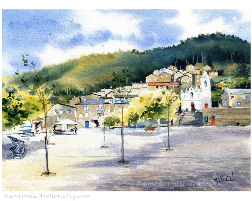 Piodao Village in Portugal Painting by Dora Hathazi Mendes. Original handmade watercolor artwork and art prints available