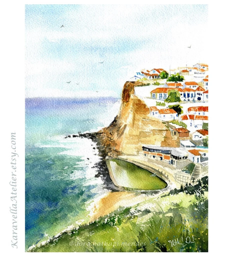 Azenhas Do Mar in Portugal painting by Dora Hathazi Mendes art